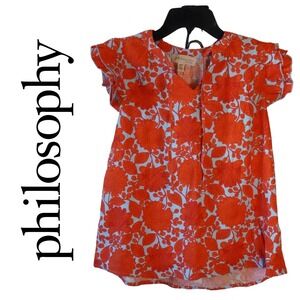 Philosophy, Orange Blue Floral Ruffle Flutter Sleeve V-Neck Tie Neck Top Size XS